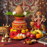 A decorated Kalash and an idol of Maa Durga, around which the Navratri puja materials are arranged.
