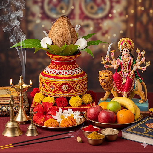 A decorated Kalash and an idol of Maa Durga, around which the Navratri puja materials are arranged.