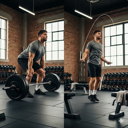 Person performing a hybrid workout combining strength training and cardio exercises