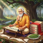 A traditional image of Maharshi Valmiki writing Sanskrit verses, with the Ramayana book beside him.