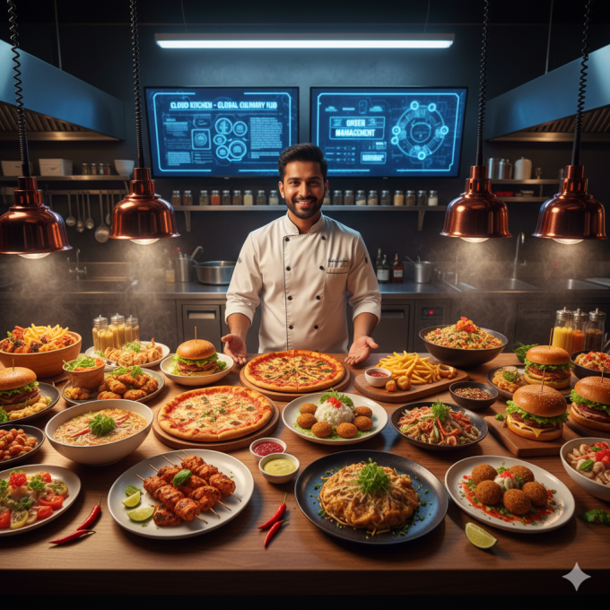Attractive image showing a variety of popular dishes served together in a cloud kitchen
