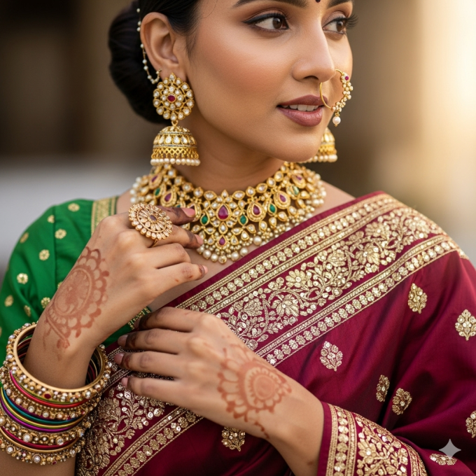 Close-up shots showing fine details of jewellery, embroidery and fabric