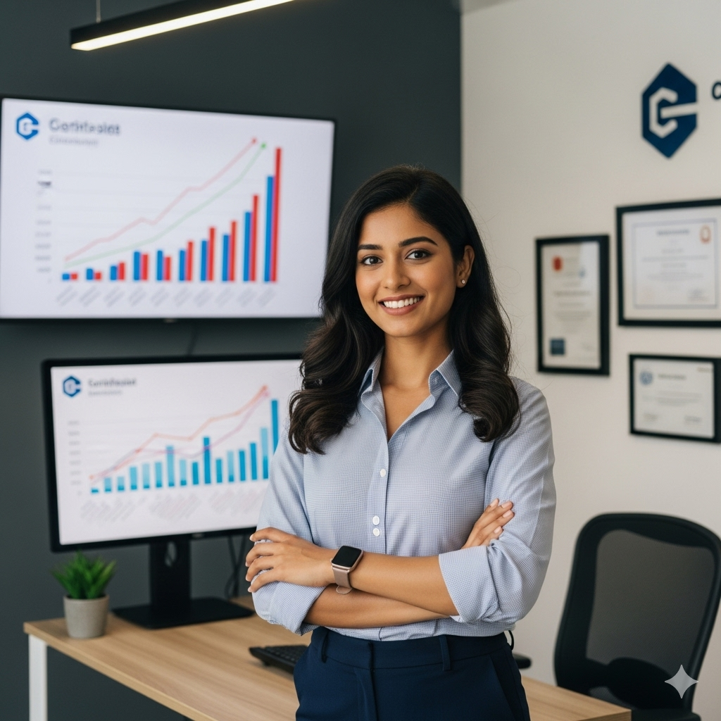 Confident young Indian entrepreneur standing in office with charts showing upward growth