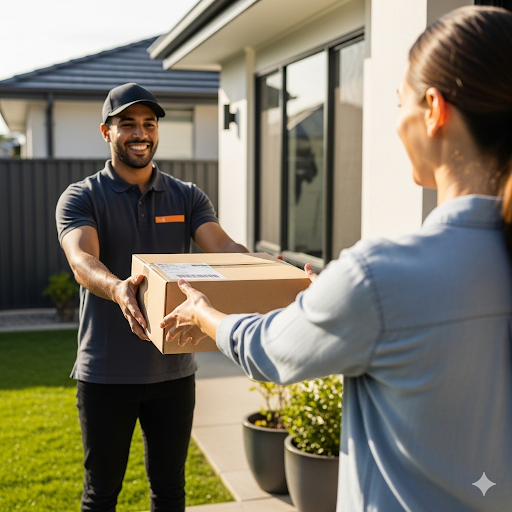 ecommerce delivery staff with parcel at customer’s door