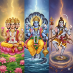 Depiction of the Hindu Trimurti - Brahma, Vishnu, and Shiva representing creation, preservation, and destruction