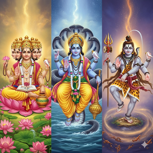 Depiction of the Hindu Trimurti - Brahma, Vishnu, and Shiva representing creation, preservation, and destruction
