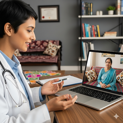 Doctor on video call consulting patient from Indian home