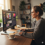 freelancer working from laptop at home workspace