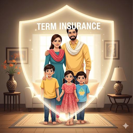 Happy Indian family protected by term insurance shield