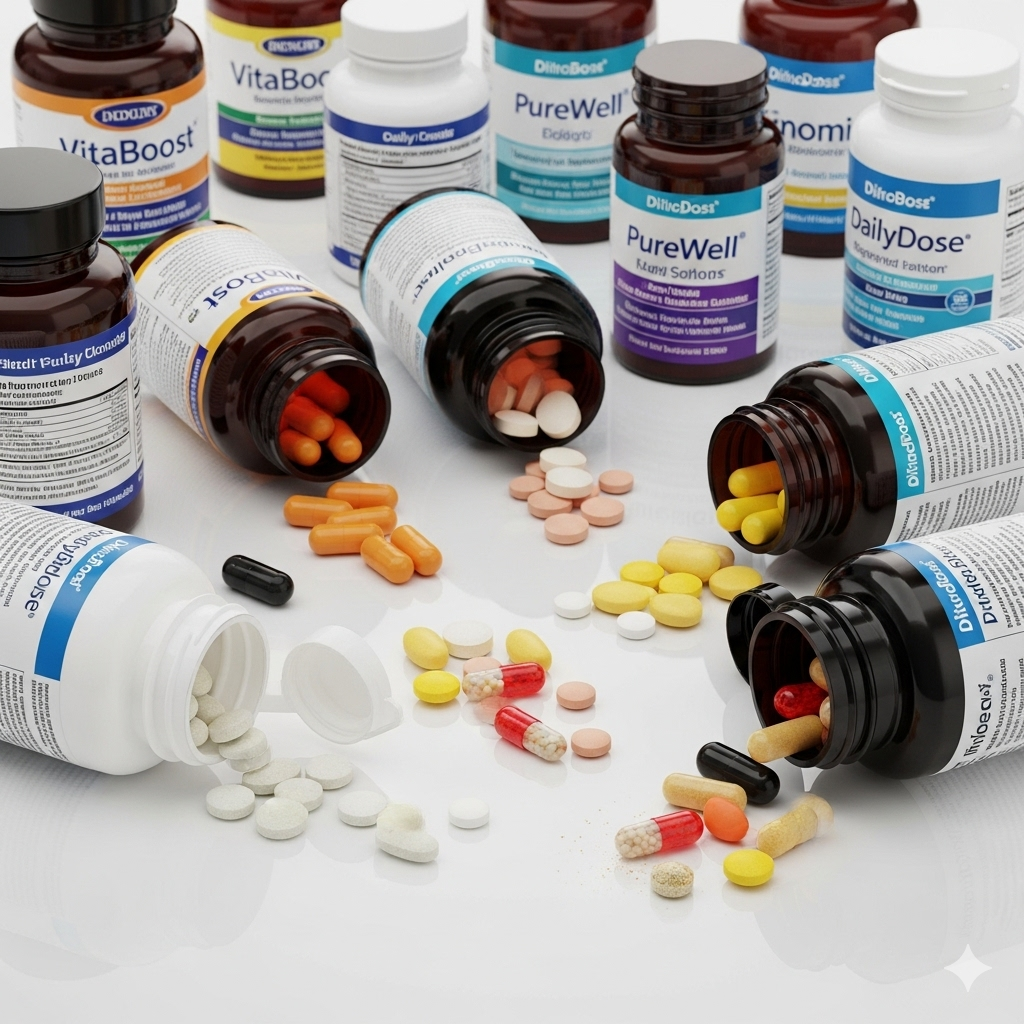 Health Supplement Bottles & Tablets