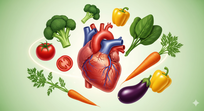 Healthy heart illustration with fruits and vegetables