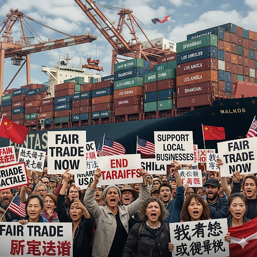 Here's a view of China-US trade tensions and demonstrations with shipment containers