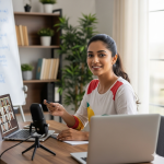 Indian educator teaching on digital classroom via webcam