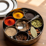 Traditional Indian spice box with turmeric, cumin, coriander and other medicinal spices.