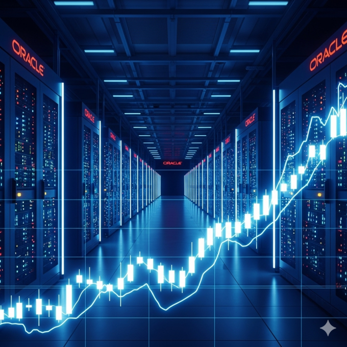 Oracle data center with an upward-trending stock chart