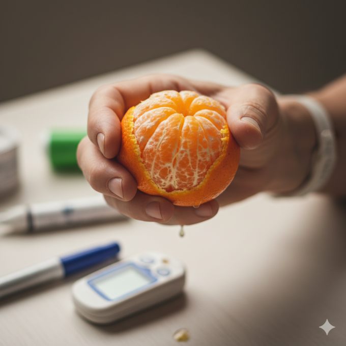Close-up of an orange, with a diabetic patient holding one in his hand