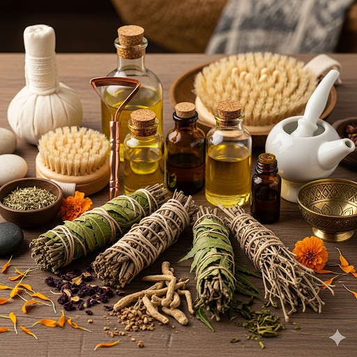 Ayurvedic detox ingredients and tools for natural body cleansing