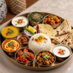 Traditional Indian vegetarian thali with diverse dishes and spices