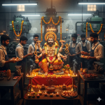 Workers worshipping the idol of Vishwakarma in a factory or workshop, where machines are garlanded with flowers.
