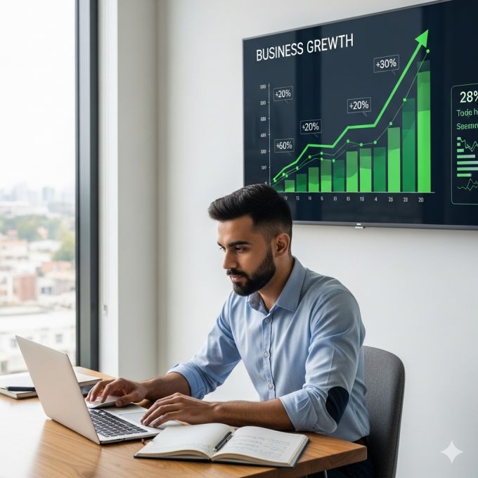Young Indian entrepreneur working on laptop with business growth chart in background
