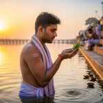 a son performing the Tarpan ritual for his ancestors on the occasion of Mahalaya Amavasya