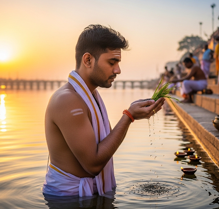 a son performing the Tarpan ritual for his ancestors on the occasion of Mahalaya Amavasya
