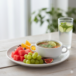 Healthy post-fasting meal with fruits, soup and light foods for breaking fast.