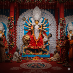 beautifully decorated Durga Idol in a pandal during Durga Puja