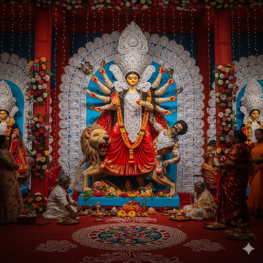 beautifully decorated Durga Idol in a pandal during Durga Puja