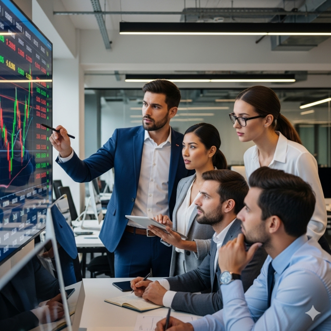 business people tracking stock market updates on a screen