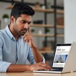 concerned Indian IT professional looking at a laptop screen with a "HIRE Act" headline