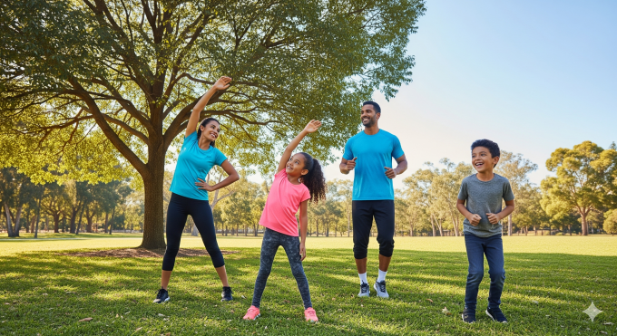 happy family exercising outdoors