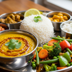 healthy Indian meal with dal, rice, and mixed vegetables