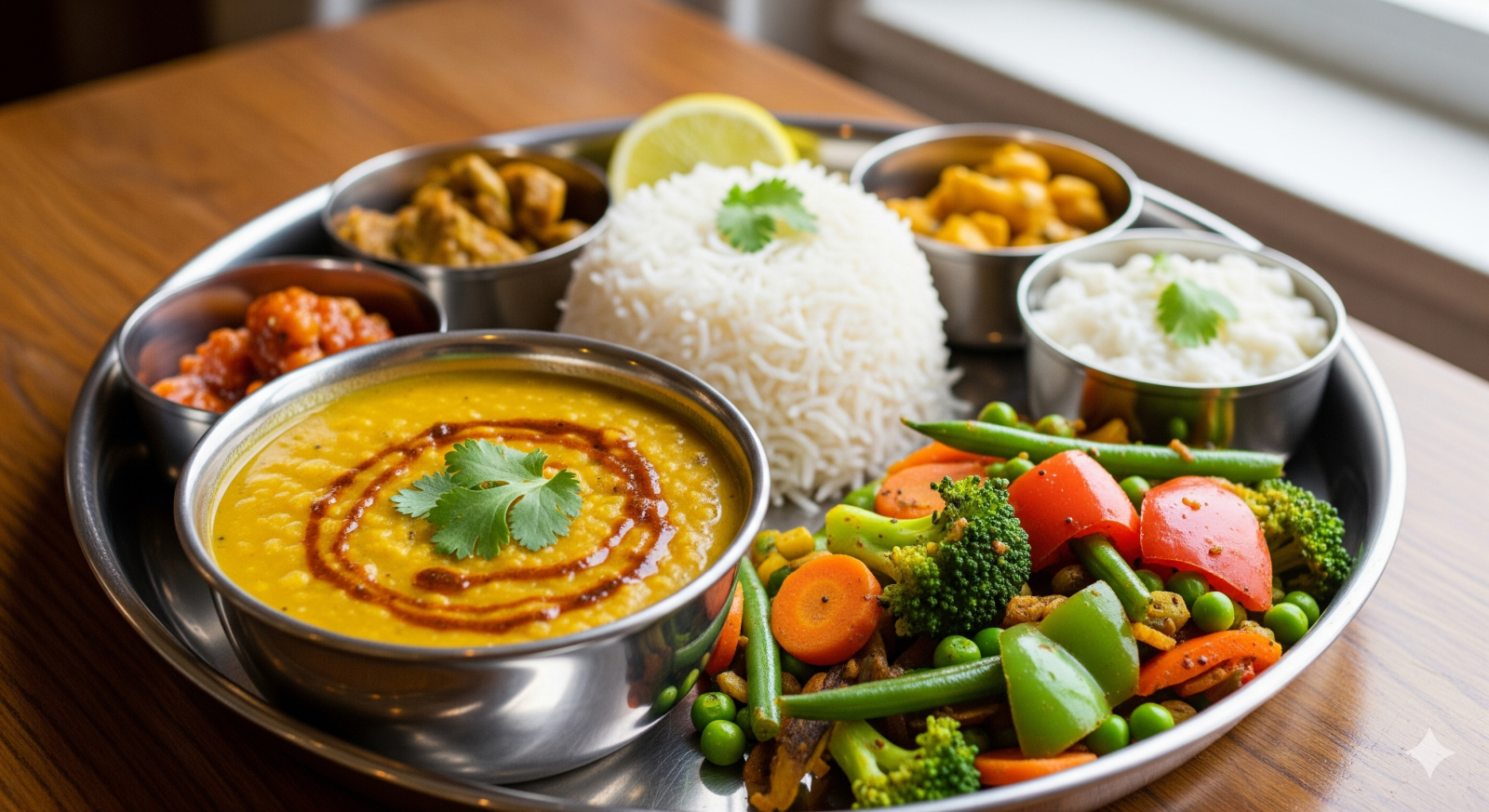 healthy Indian meal with dal, rice, and mixed vegetables