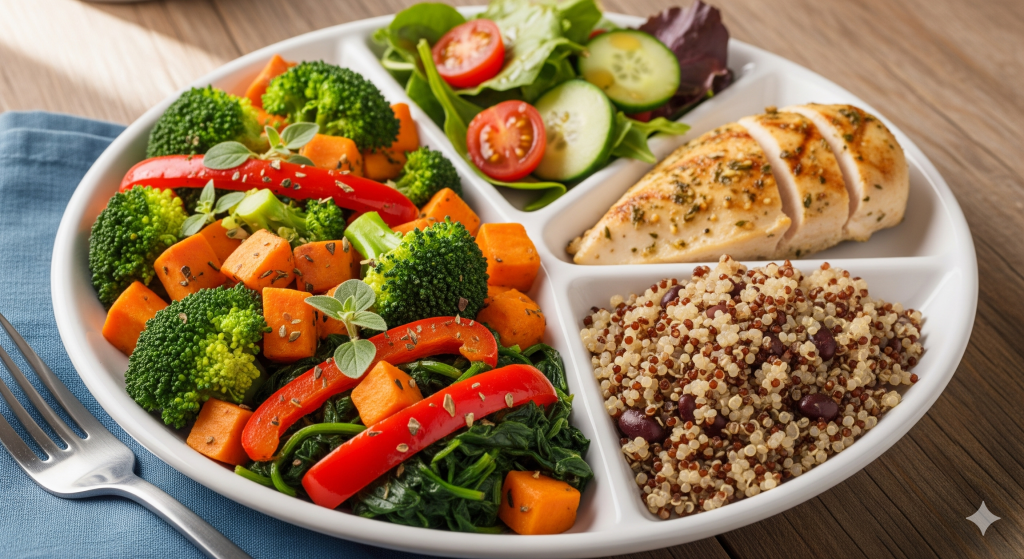 healthy-diabetic-diet-meal-plate-with-vegetables-and-grain