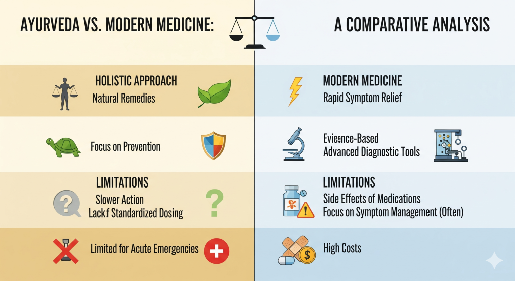 infographic comparing the benefits and limitations of Ayurveda and modern medicine
