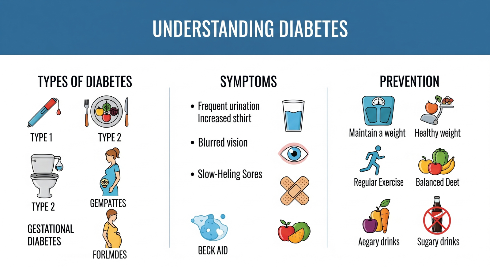 infographic showing diabetes types, symptoms, and prevention