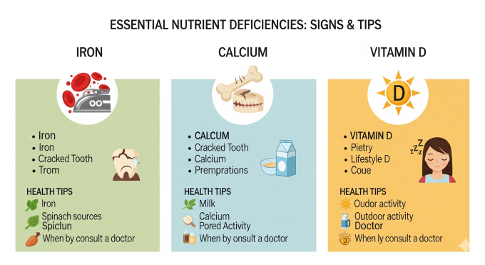 infographic showing the signs of deficiency of iron, calcium and vitamin D with health tips
