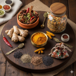 Five Indian kitchen superfoods - turmeric, ginger, lentils, spices and seeds arranged on wooden background