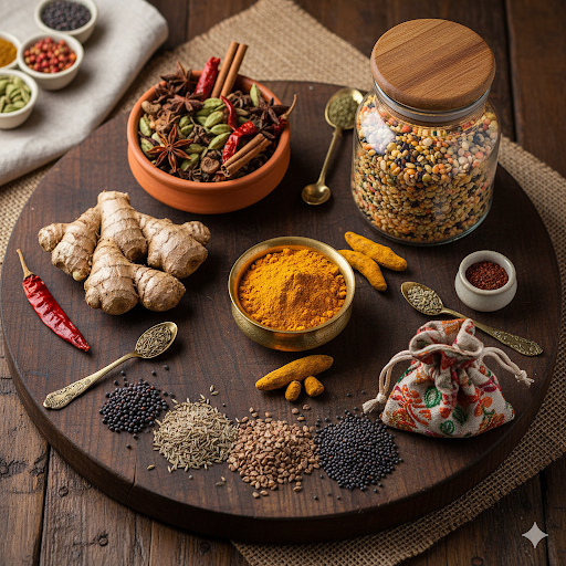 Five Indian kitchen superfoods - turmeric, ginger, lentils, spices and seeds arranged on wooden background