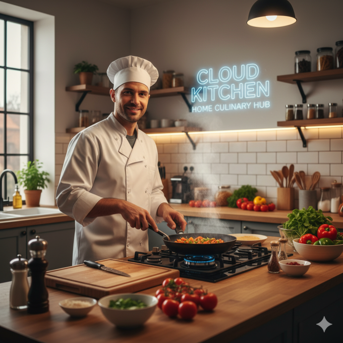 man cooking in his home kitchen and cloud kitchen written on background