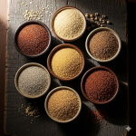 Assorted variety of healthy millets arranged in bowls - Ragi, Jowar, Bajra, Barnyard, Kodo