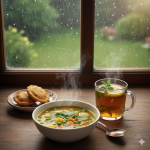 Healthy monsoon diet with hot soup and herbal tea during rainy season.
