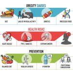 Infographic explaining obesity causes, health risks and prevention