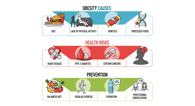 Infographic explaining obesity causes, health risks and prevention