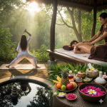 peaceful morning scene showing yoga, oil massage, and natural routine activities