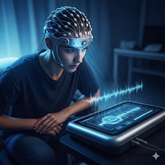 person wearing an EEG headset and controlling a device with their brain waves