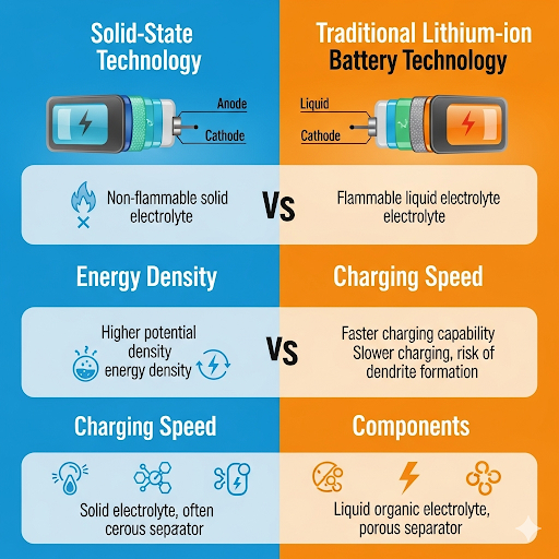 solid-state battery and traditional lithium-ion battery technologies:
