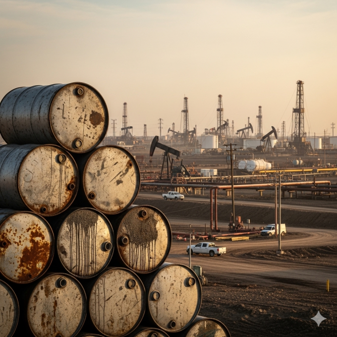 stack of oil barrels in the foreground with an oil mining site