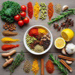 various spices with fresh ingredients